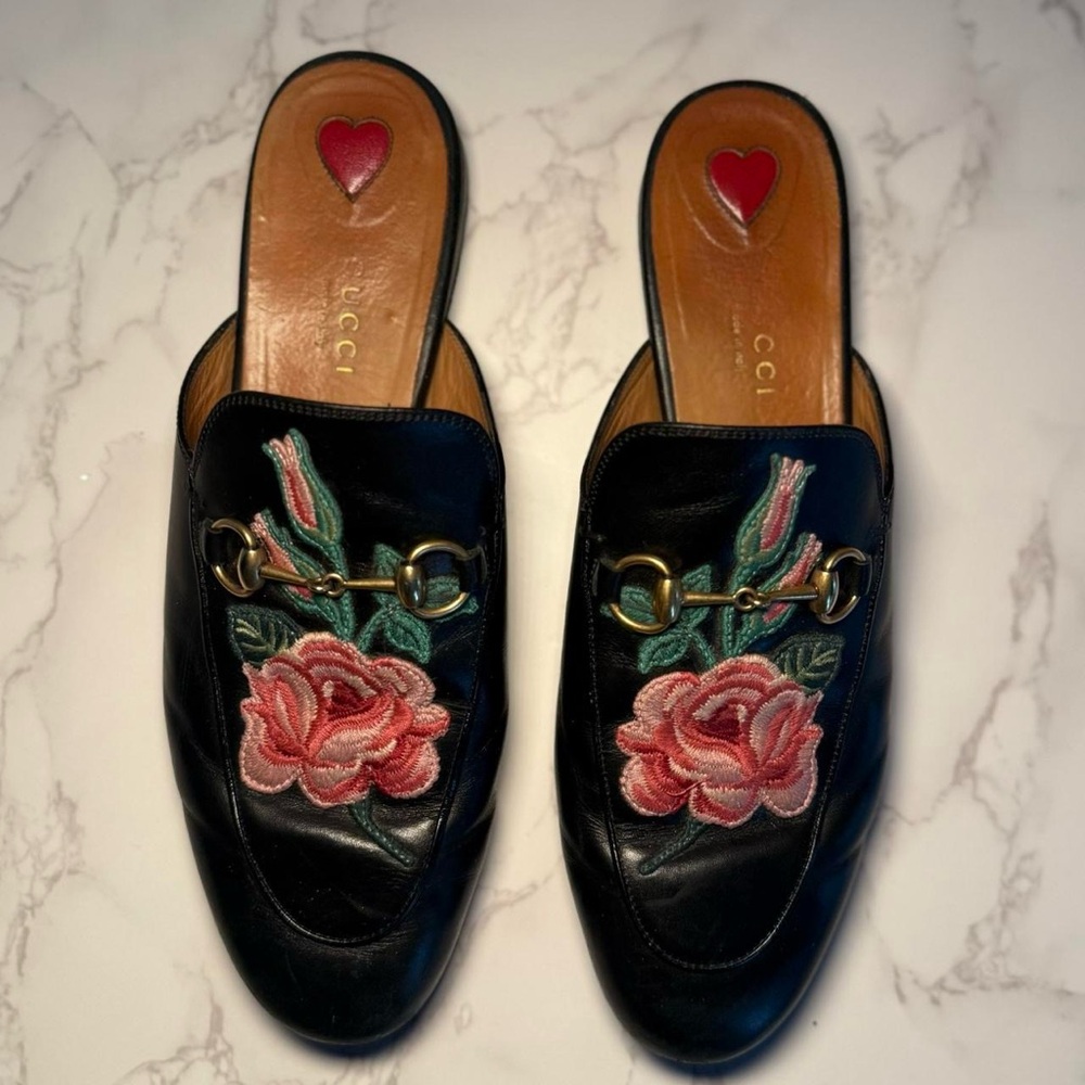 Authentic GUCCI Princetown Flower Mule Black Leather Slippers with original box